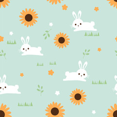 Seamless pattern with bunny rabbit cartoons, grass  and sunflower on green background vector illustration. Cute childish print.