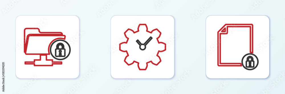 Poster set line document and lock, ftp folder and time management icon. vector