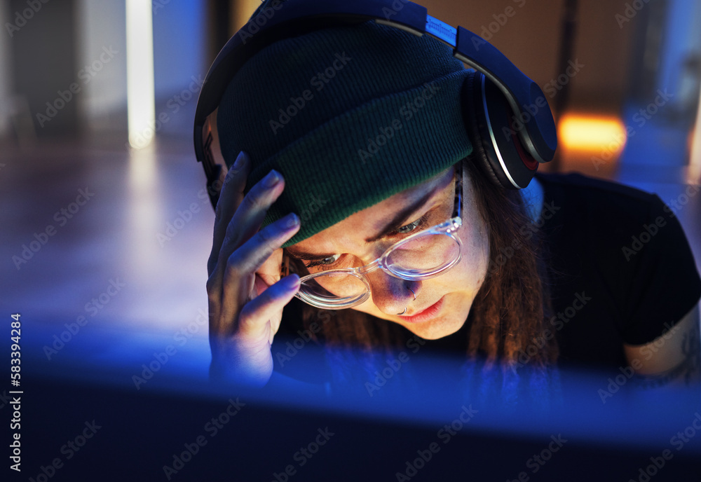 Poster Hacker, problem and woman with a computer for cyber security, stress headache and reading information at night. Tired, error and hacker with headphones, stealing network and scam on a system in dark