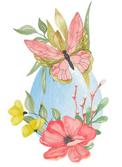 Watercolor illustration with blue Easter egg, flowers, green leaves, willow branches and pink butterfly