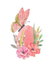 Watercolor illustration with pink Easter egg, flowers, green leaves, willow branches and pink butterfly