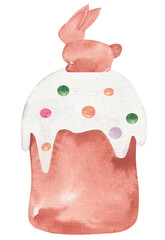  Watercolor illustration easter cake with easter bunny