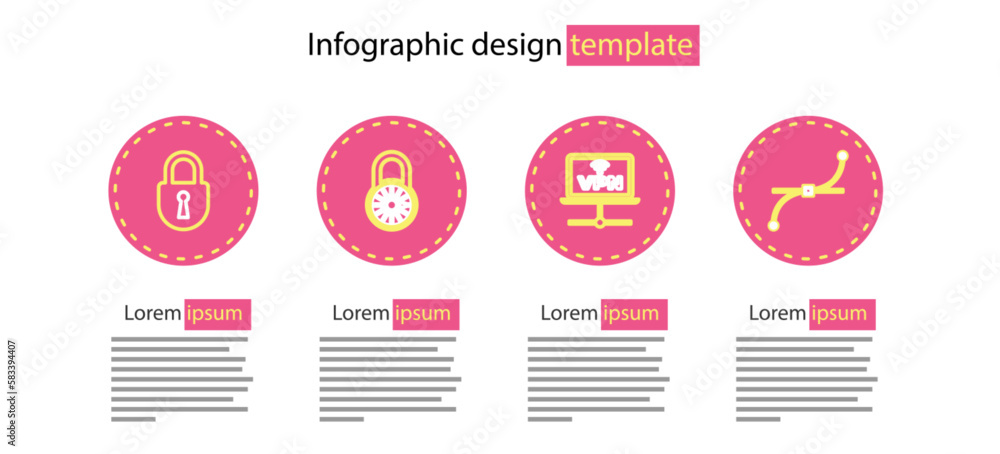 Poster set line vpn computer network, bezier curve, safe combination lock wheel and lock icon. vector