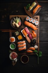 Fototapeta na wymiar Overhead shot for sushi restaurant menu. Japanese traditional cuisine. Generative AI