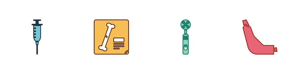 Set Syringe, X-ray shots, Electric toothbrush and Inhaler icon. Vector
