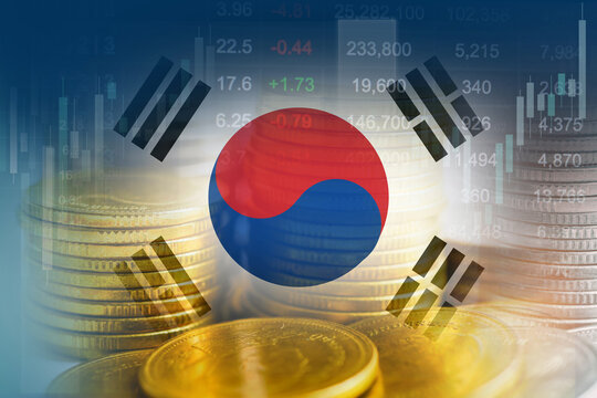 South Korea flag with stock market finance, economy trend graph digital technology.