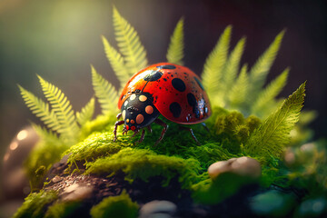 A ladybug perched on a green leaf in a forest