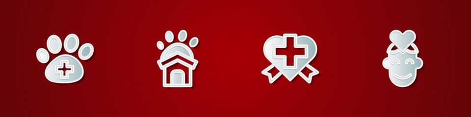 Set Veterinary clinic, Animal shelter house, Heart with cross and Volunteer icon. Vector