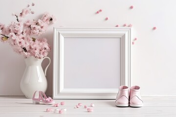 Mockup with a picture frame that is empty, delicate pink spring blossoms, and tiny baby girl shoes. infant shower and girl birthday idea. Generative AI