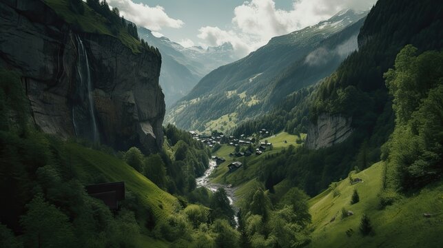 Beautiful Falls in Switzerland Forest Nature Landscape Wallpaper Generated AI HD 4K