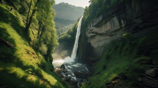 Beautiful Falls in Switzerland Forest Nature Landscape Wallpaper Generated AI HD 4K