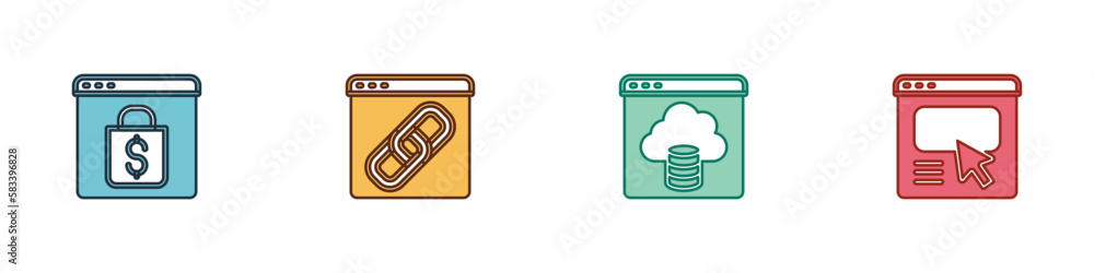 Poster set online shopping on screen, browser window, cloud technology data transfer and ui or ux design ic