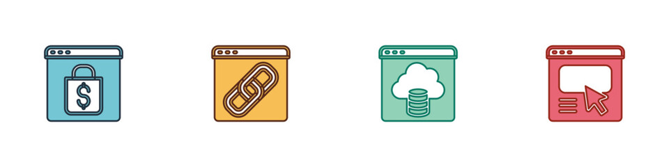 Set Online shopping on screen, Browser window, Cloud technology data transfer and UI or UX design icon. Vector