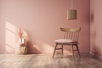 , a gorgeous wooden chair against a pink backdrop. Generative AI