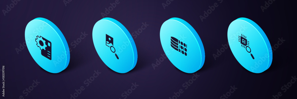 Sticker Set Isometric Processor CPU, Binary code, Photo retouching and Neural network icon. Vector