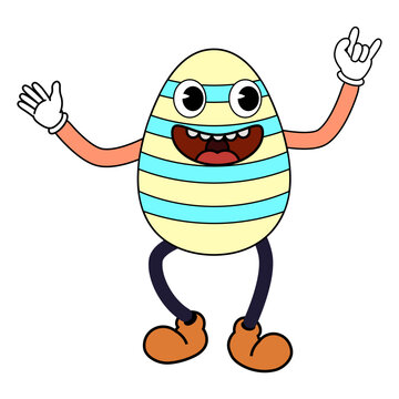 Easter egg groovy cartoon vintage style, Happy Easter. Characters egg