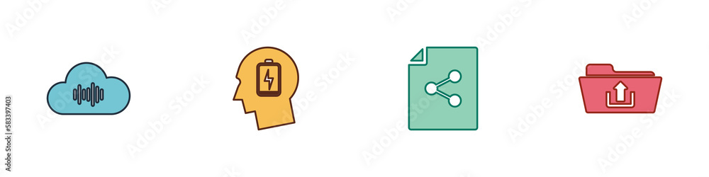 Poster set music streaming service, head with low battery, share file and folder upload icon. vector