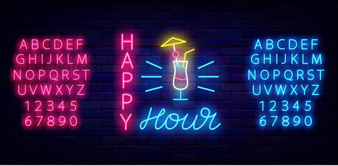 Happy hour neon label. Cocktail icon. Luminous blue nad pink alphabet. Vector storck illustration