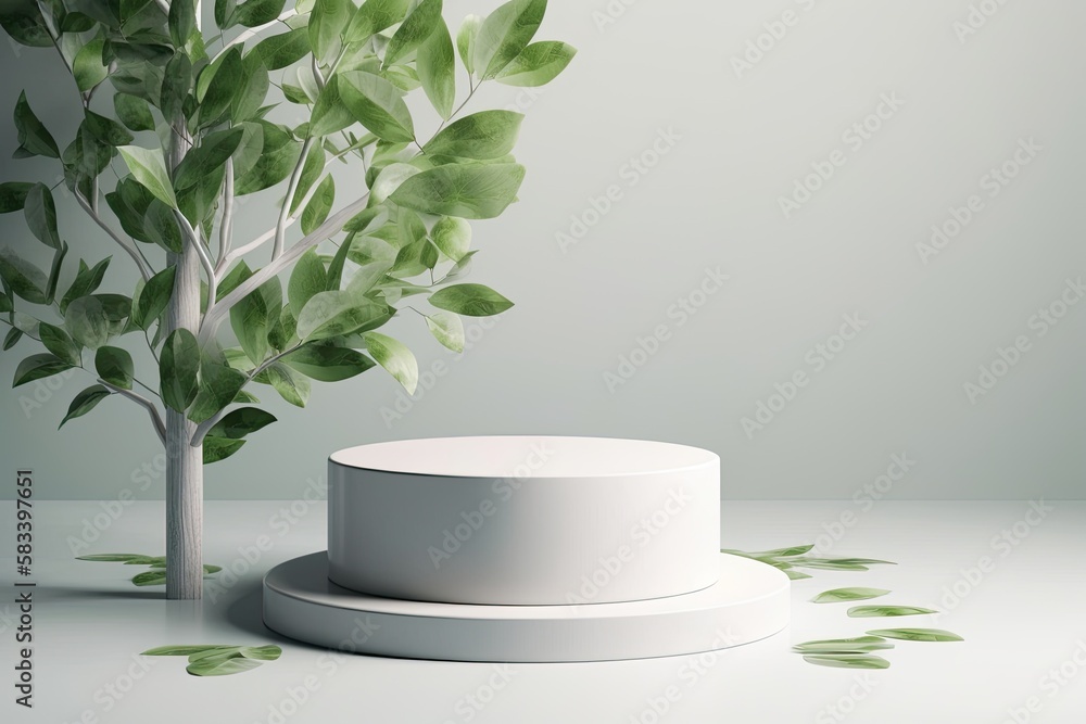 Poster background of a white circular pedestal with tree foliage, with a simple cube background. for adorab