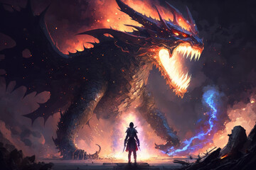 Fire breathes explode from a giant dragon in a black night, the epic battle evil concept art, generative Ai