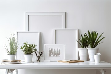 White table with a blank horizontal photo frame and flower pots in the backdrop. Generative AI