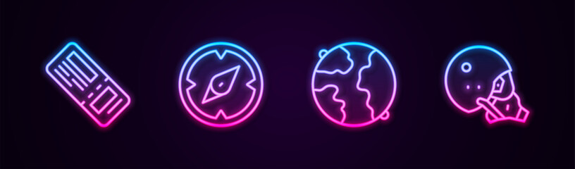 Set line Airline ticket, Compass, Worldwide and Modern pilot helmet. Glowing neon icon. Vector