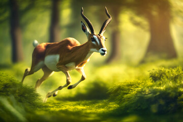 A gazelle leaping through the green forest - obrazy, fototapety, plakaty