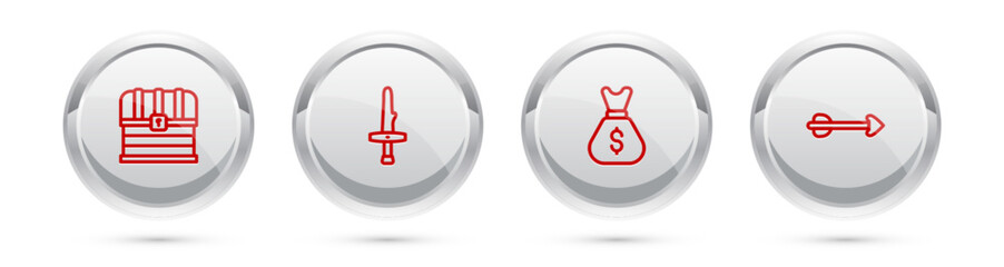 Set line Chest, Dagger, Old money bag and Arrow. Silver circle button. Vector