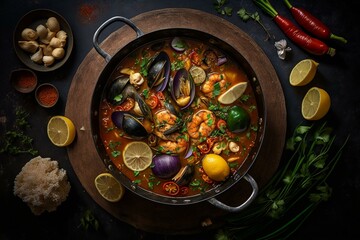 Fototapeta na wymiar Portuguese seafood stew in spice sauce cooked in a cataplana pot. Top view presentation with vegetables. Generative AI