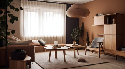 AI Generated, Living room in warm tones, wood textures, scandinavian and japanese design aesthetics.