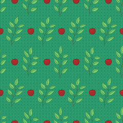 Twigs and green leaf with red apples seamless pattern, Background repeating