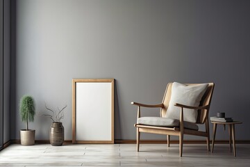Mockup of a white, empty picture frame on a gray wall. Copy space exhibition of art. A view of a contemporary Scandinavian style room with a chair. Concept of minimalism and home staging. Generative