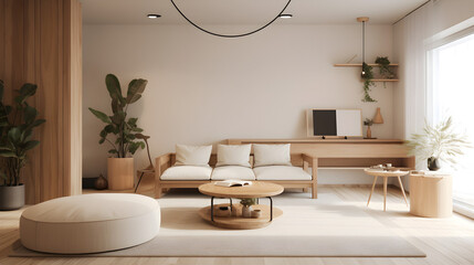 AI Generated, Living room in warm tones, wood textures, scandinavian and japanese design aesthetics.
