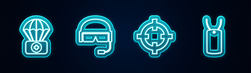 Set line Parachute with first aid kit, Military helmet, Target sport and dog tag. Glowing neon icon. Vector