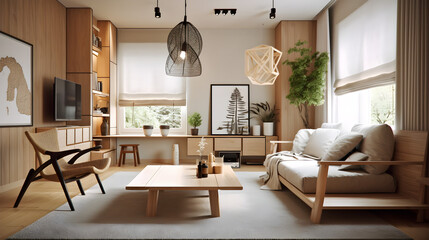 Fototapeta na wymiar AI Generated, Living room in warm tones, wood textures, scandinavian and japanese design aesthetics.