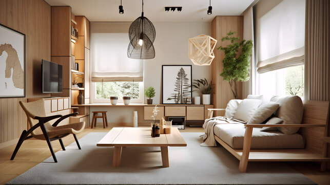 AI Generated, Living room in warm tones, wood textures, scandinavian and japanese design aesthetics.