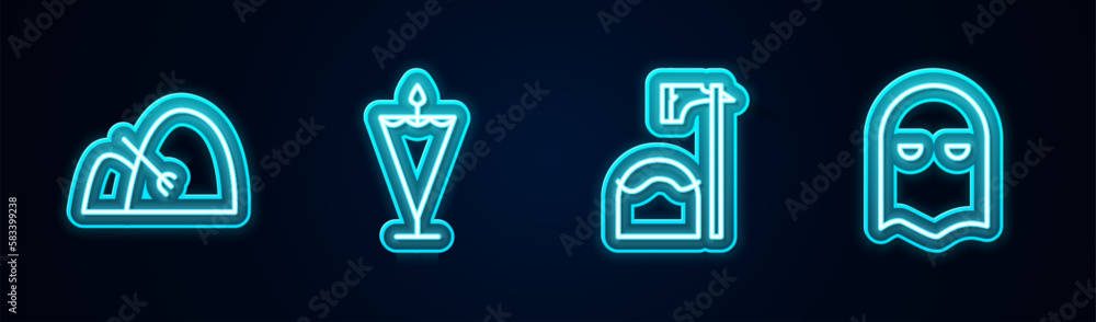 Aufkleber set line bale of hay and rake, medieval flag, executioner axe in tree block and mask. glowing neon i