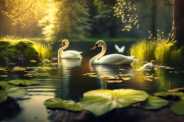 Elegant swans glide peacefully across the glassy surface of a calm sunlit lake
