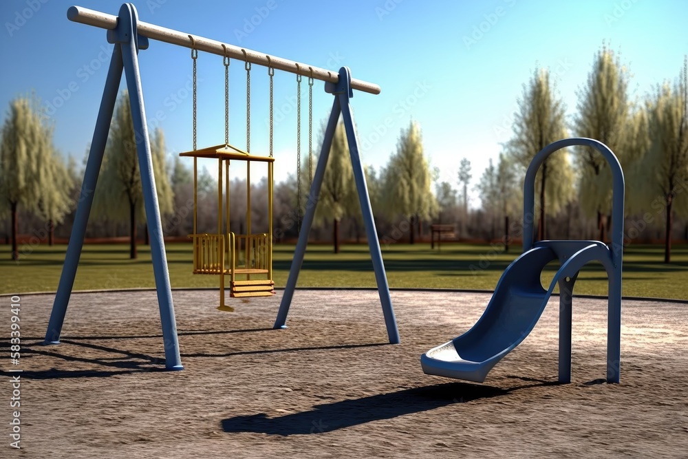 Wall mural empty playground with empty swing set and slide on a sunny day, created with generative ai