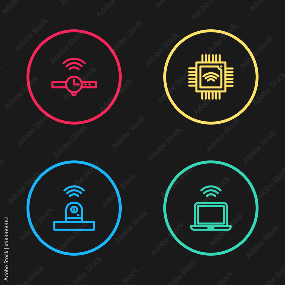 Poster set line smart security camera, wireless laptop, processor with microcircuits cpu and smartwatch ico