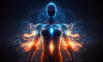 Astral body silhouette with space background and ray of astral light from space. Esoteric, spiritual life and meditation concept. Surrealism. Shining pure energy inside human silhouette. Generative AI