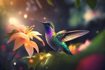 Obraz premium A tiny hummingbird hovers near a brilliant flower, its iridescent feathers shimmering in the sunlight