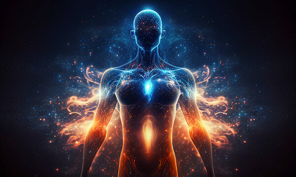Astral body silhouette with space background and ray of astral light from space. Esoteric, spiritual life and meditation concept. Surrealism. Shining pure energy inside human silhouette. Generative AI