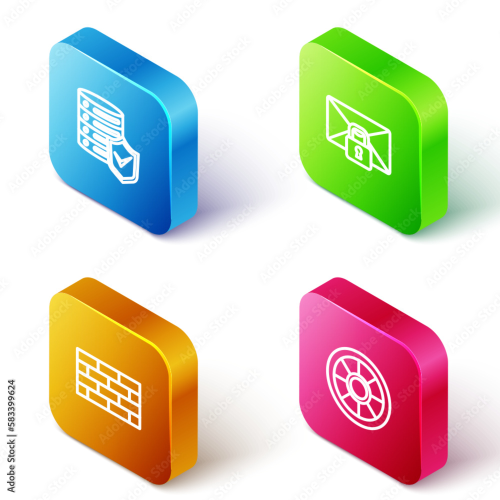 Poster set isometric line server with shield, mail message lock password, firewall, security wall and safe 