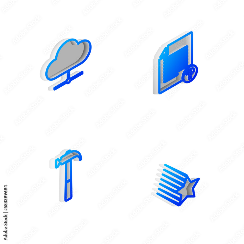 Wall mural set isometric line unknown document, network cloud connection, hammer and falling star icon. vector