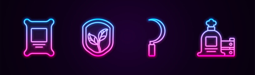 Set line Fertilizer bag, Shield with leaf, Sickle and Full sack and wooden box. Glowing neon icon. Vector