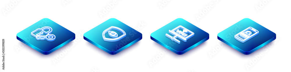 Poster set isometric line lock and key, shield eye, vpn computer network and mobile password icon. vector