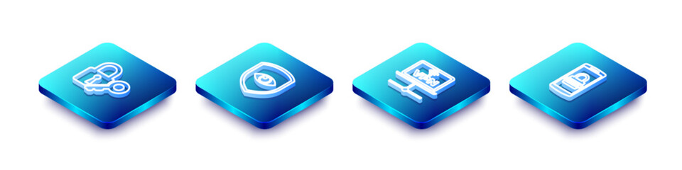 Set Isometric line Lock and key, Shield eye, VPN Computer network and Mobile password icon. Vector