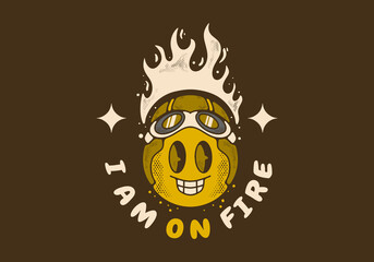 Vintage art illustration of yellow ball character wearing pilot helmet with fire flames