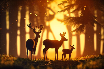 A family of deer graze peacefully in a sunlit clearing, their silhouettes framed by a golden sunset